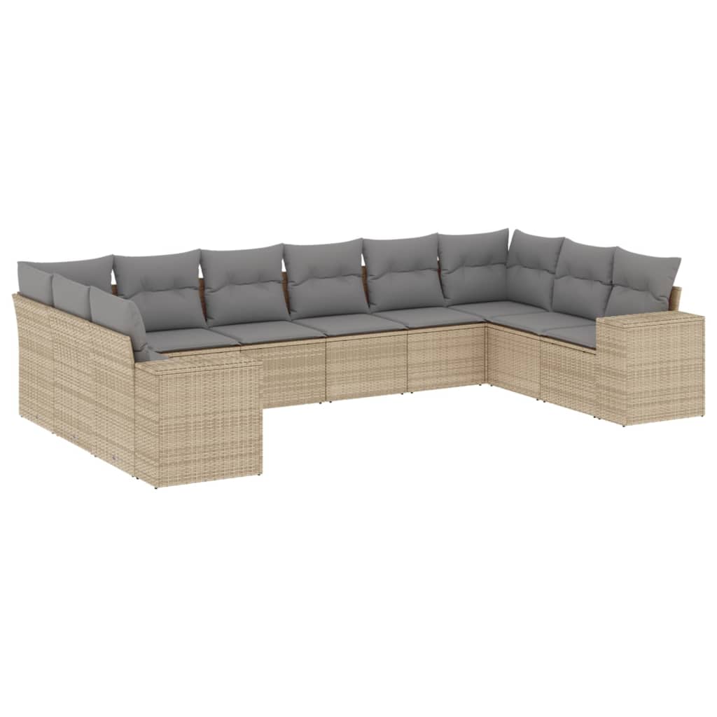 Beige poly rattan 10 piece garden sofa set with grey cushions, ideal for affordable and luxurious DIY outdoor seating solutions.