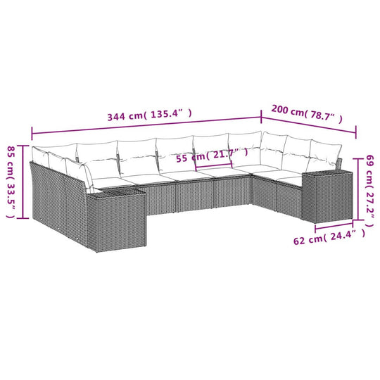 Dimensions of 10 Piece Garden Sofa Set in Beige Poly Rattan with Cushions, featuring affordable, quality, luxe DIY outdoor furniture.