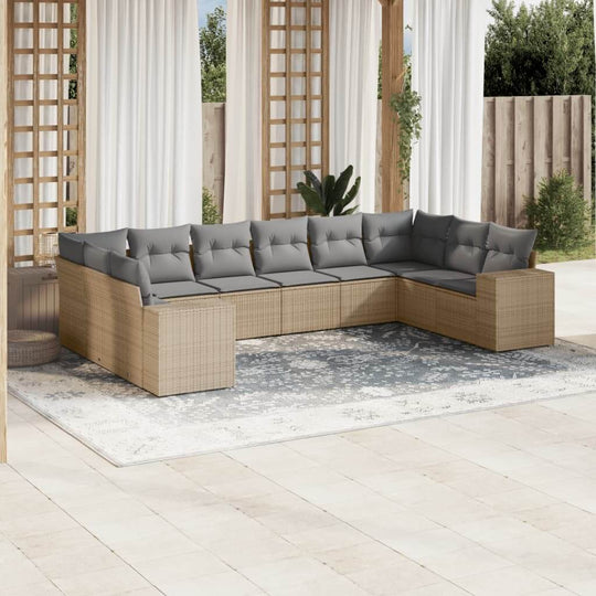 Affordable beige poly rattan garden sofa set with cushions on patio, perfect for DIY outdoor lounging, offering quality and luxe comfort.