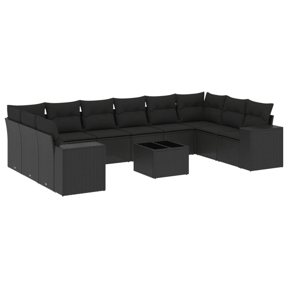 Affordable 11 piece black poly rattan garden sofa set with cushions, perfect for DIY patios and luxe outdoor relaxation.