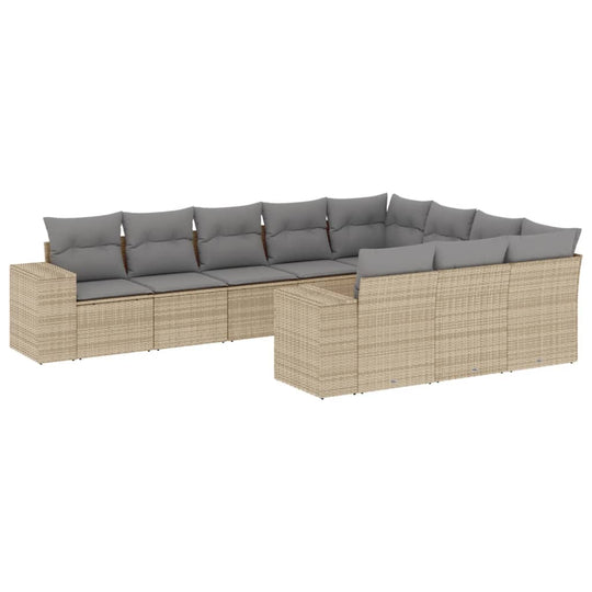 Beige poly rattan garden sofa set with cushions, 10-piece affordable and quality outdoor furniture for patio, backyard, or terrace.