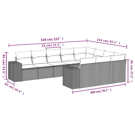 Dimensions of affordable quality beige poly rattan 10 piece garden sofa set with cushions for DIY luxe backyard setup.