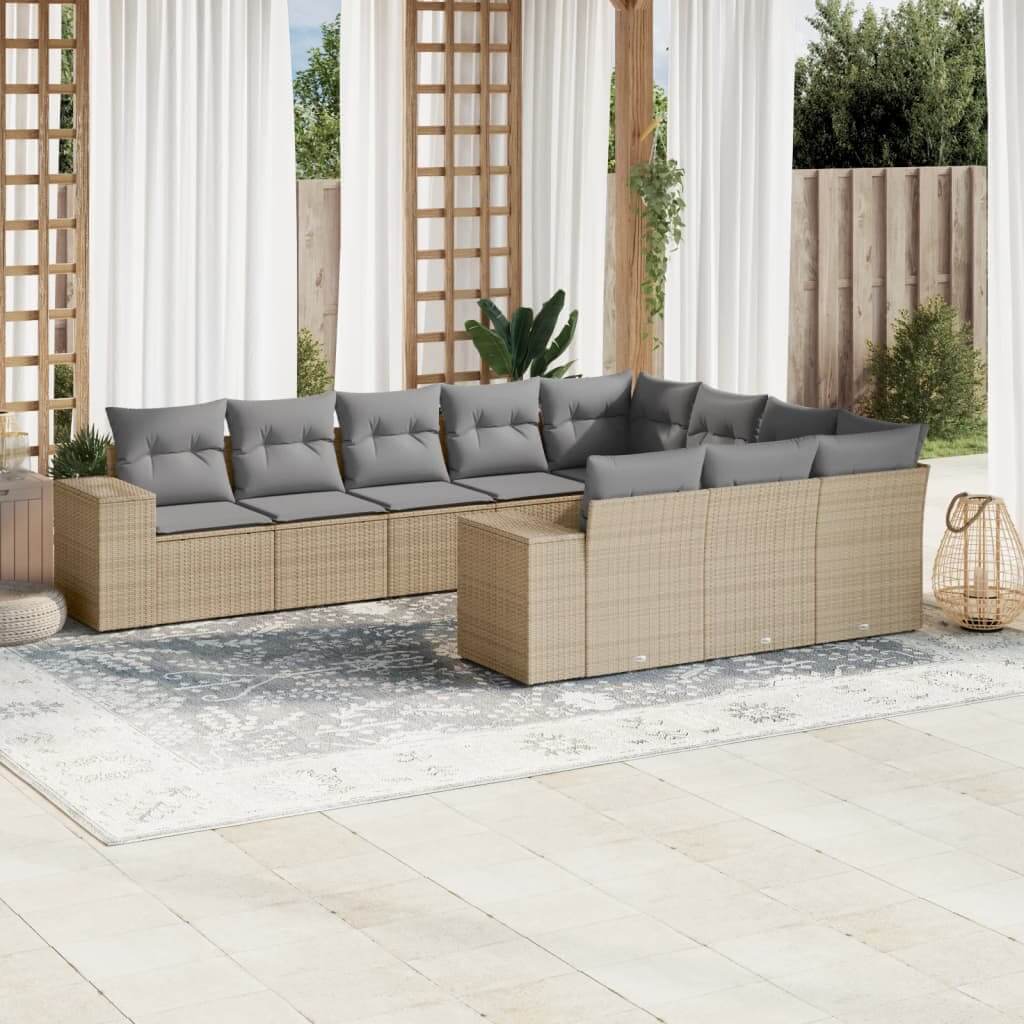 Beige poly rattan garden sofa set with cushions on terrace, showcasing affordable and quality outdoor DIY luxe furniture.