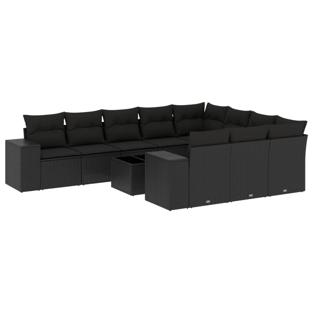 Affordable 11-piece black garden sofa set with cushions, poly rattan, perfect for DIY backyard lounge area with luxe quality.