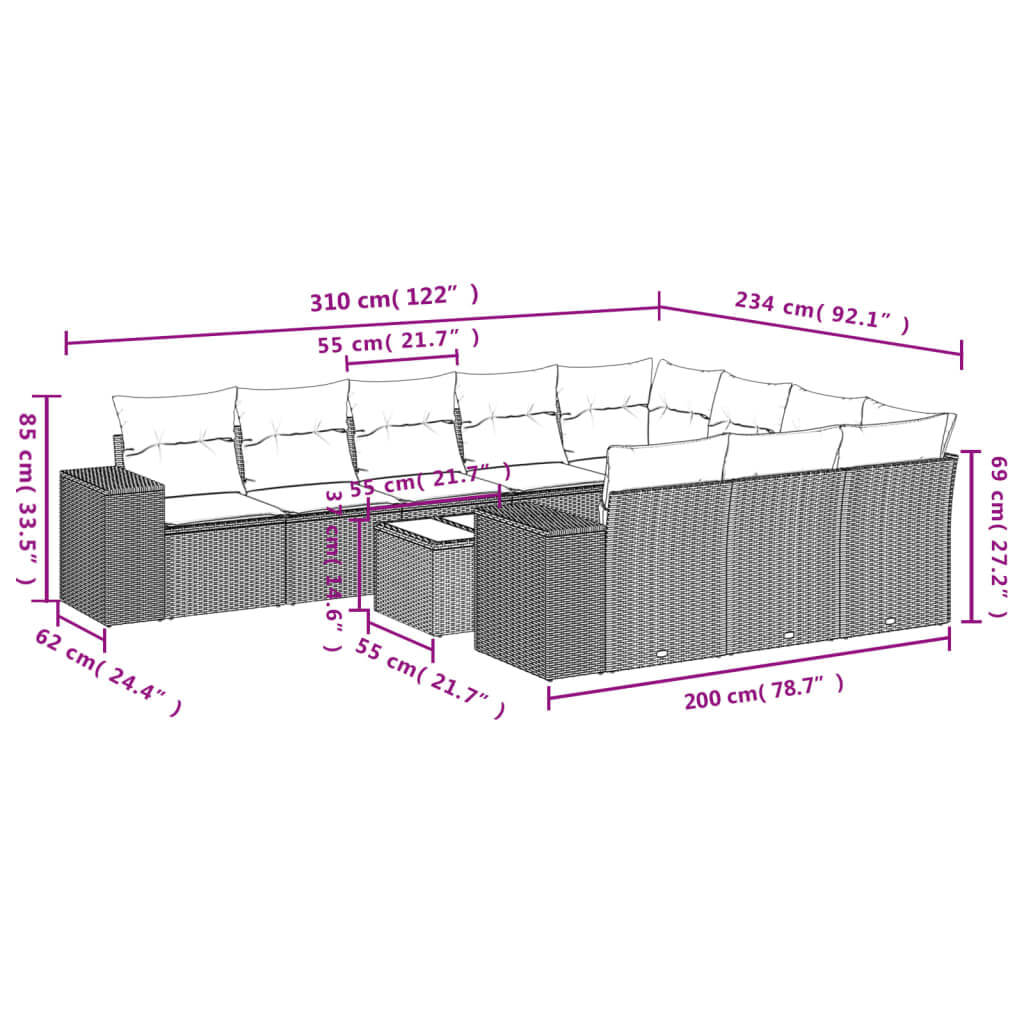 Dimensions diagram of 11 piece black poly rattan garden sofa set with cushions, showing measurements and layout for outdoor spaces.