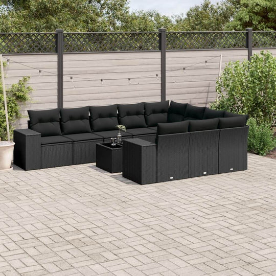 Affordable 11 piece black poly rattan garden sofa set with cushions, ideal for DIY patio or terrace, offering quality luxe comfort.