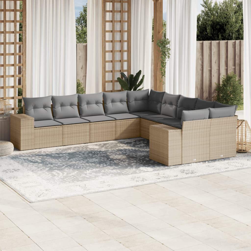 Beige poly rattan garden sofa set with cushions on patio, showcasing an affordable, quality, and luxe outdoor furniture option.