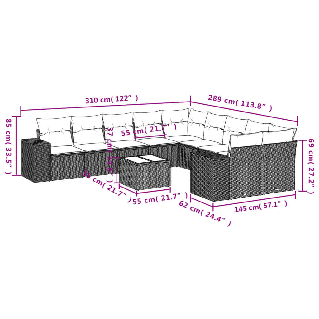 Black poly rattan 11 piece garden sofa set dimensions, featuring cushions. Affordable, quality, DIY outdoor furniture for patio or terrace.