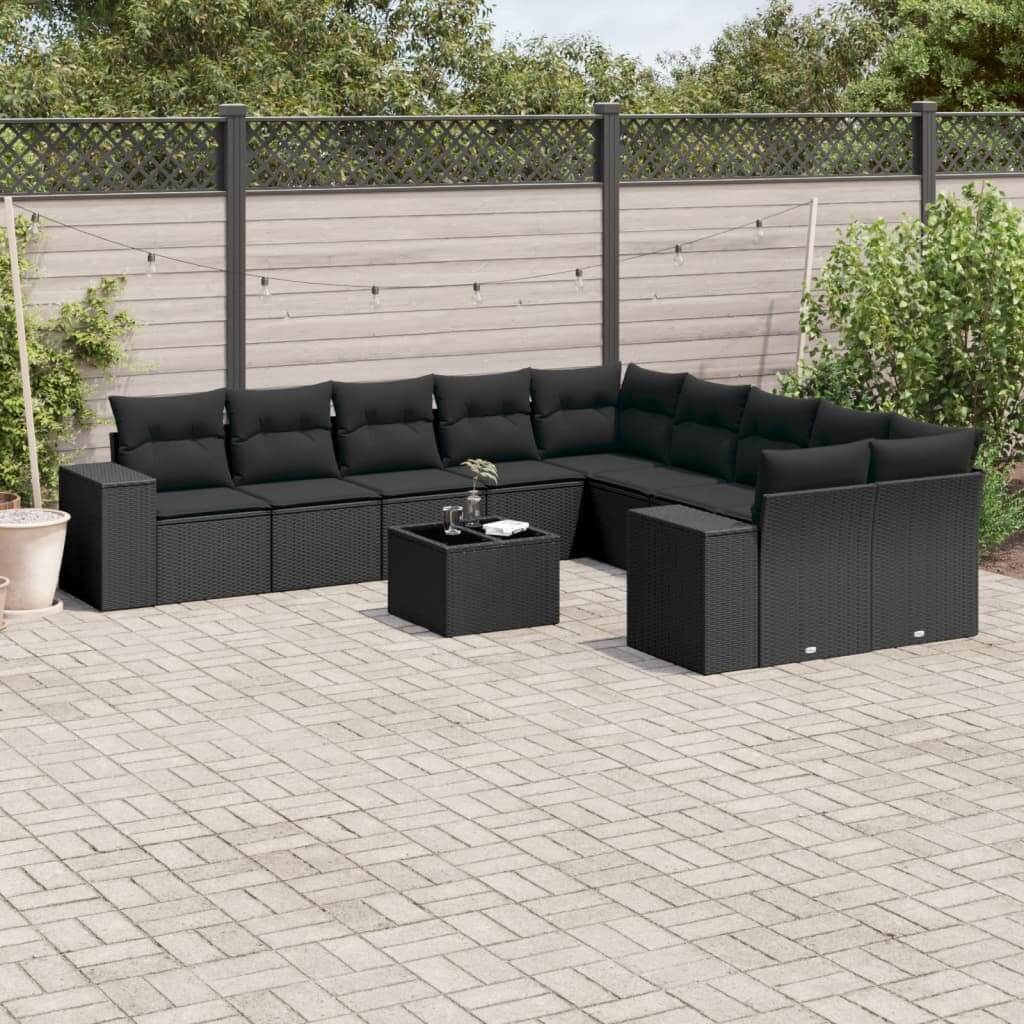 Modern 11-piece black poly rattan garden sofa set with cushions on patio, showcasing affordable DIY setup for luxurious outdoor living.