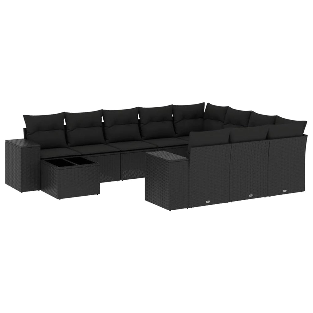 Affordable 11 piece black poly rattan garden sofa set with cushions, perfect for a luxe DIY patio makeover. Quality and cheap outdoor furniture.