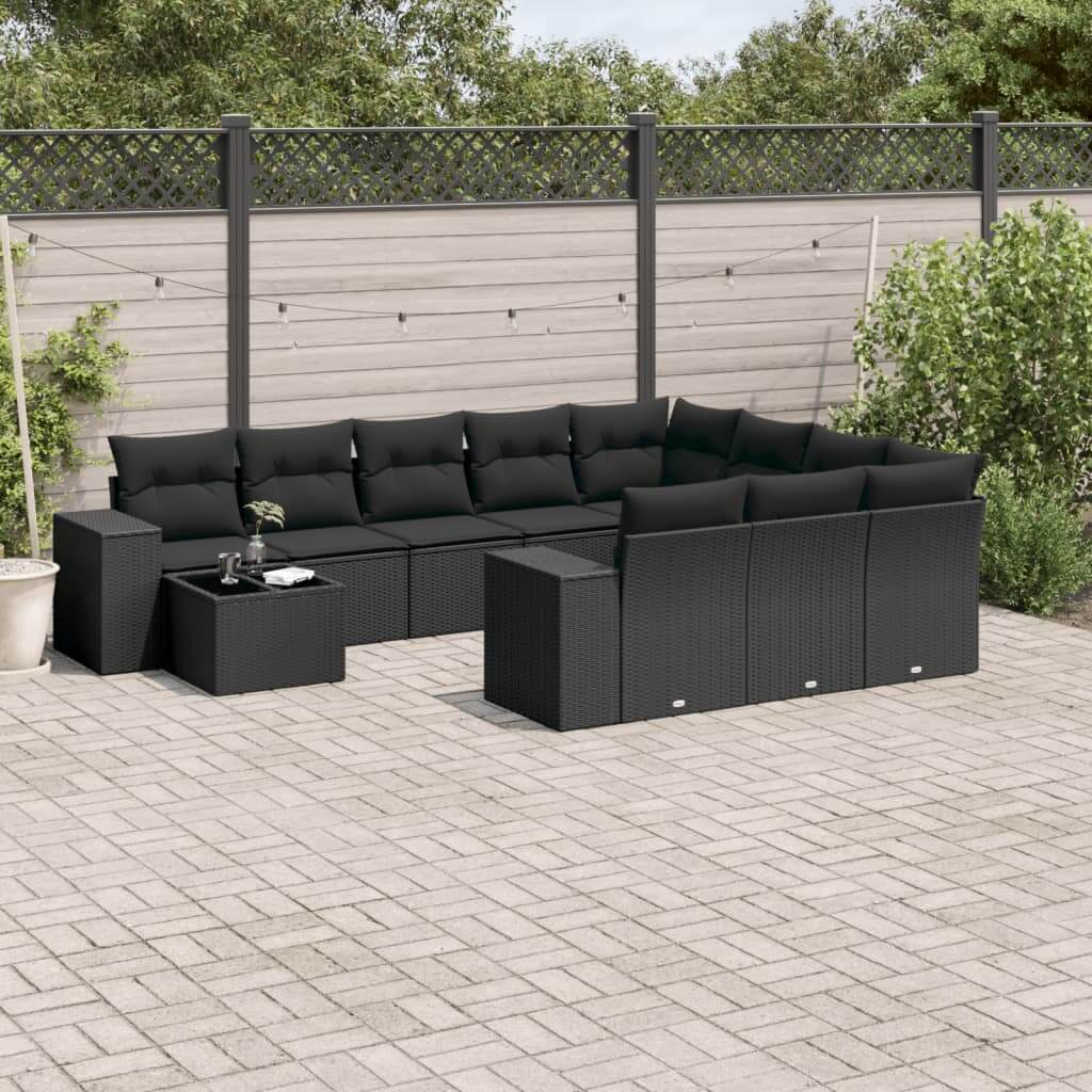 Black poly rattan garden sofa set with cushions on a patio, offering affordable and quality outdoor seating for DIY luxe spaces.