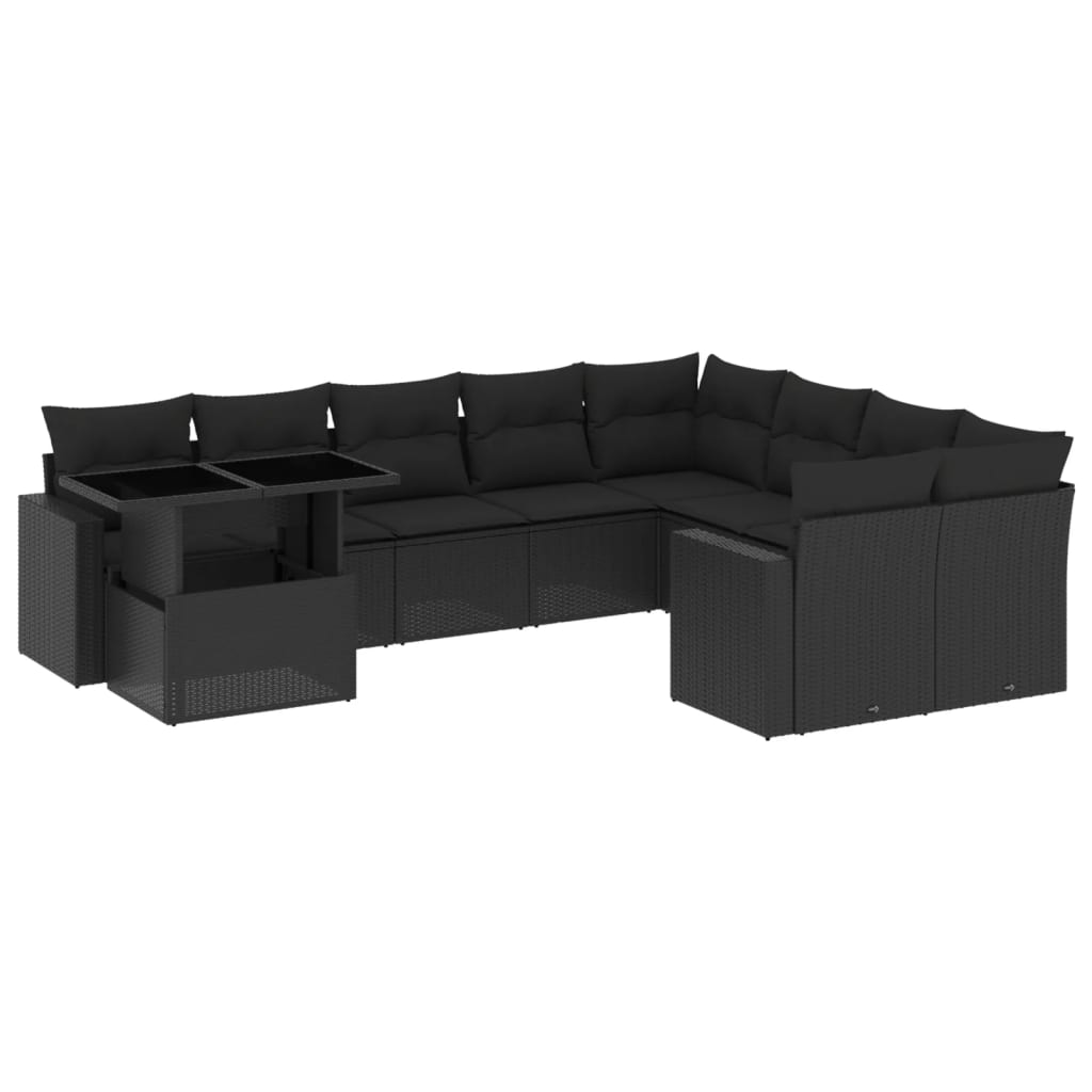 10 Piece Garden Sofa Set with Cushions Black Poly Rattan