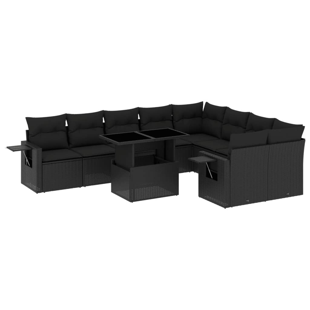 10 Piece Garden Sofa Set with Cushions Black Poly Rattan