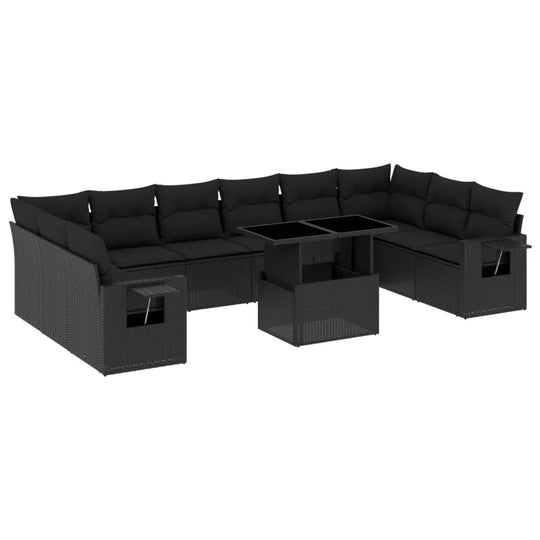 11 Piece Garden Sofa Set with Cushions Black Poly Rattan