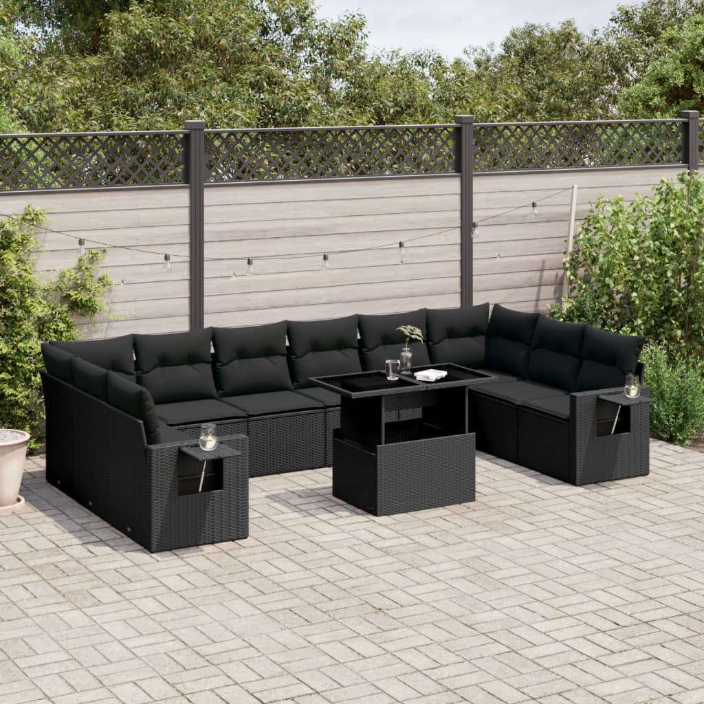 11 Piece Garden Sofa Set with Cushions Black Poly Rattan