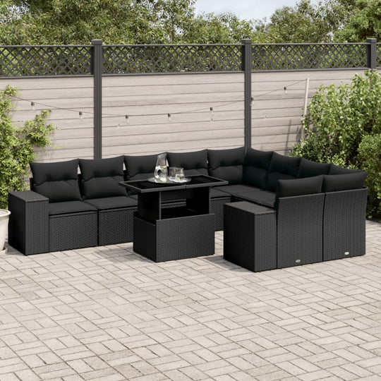 10 Piece Garden Sofa Set with Cushions Black Poly Rattan