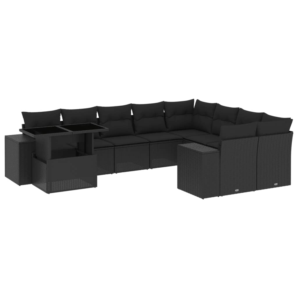 10 Piece Garden Sofa Set with Cushions Black Poly Rattan