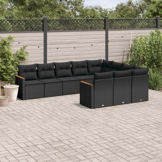 10 Piece Garden Sofa Set with Cushions Black Poly Rattan