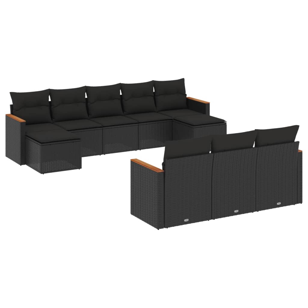 10 Piece Garden Sofa Set with Cushions Black Poly Rattan