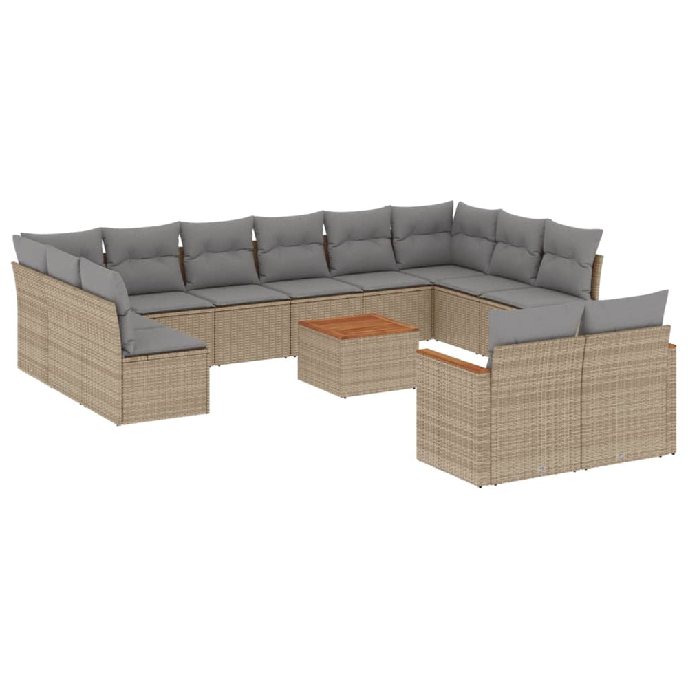 Affordable 13 piece garden sofa set in beige poly rattan with gray cushions, ideal for outdoor relaxation and DIY projects.