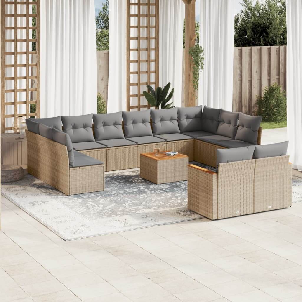 13 Piece outdoor garden sofa set with beige poly rattan, gray cushions, and stylish wooden coffee table for a luxe patio experience.