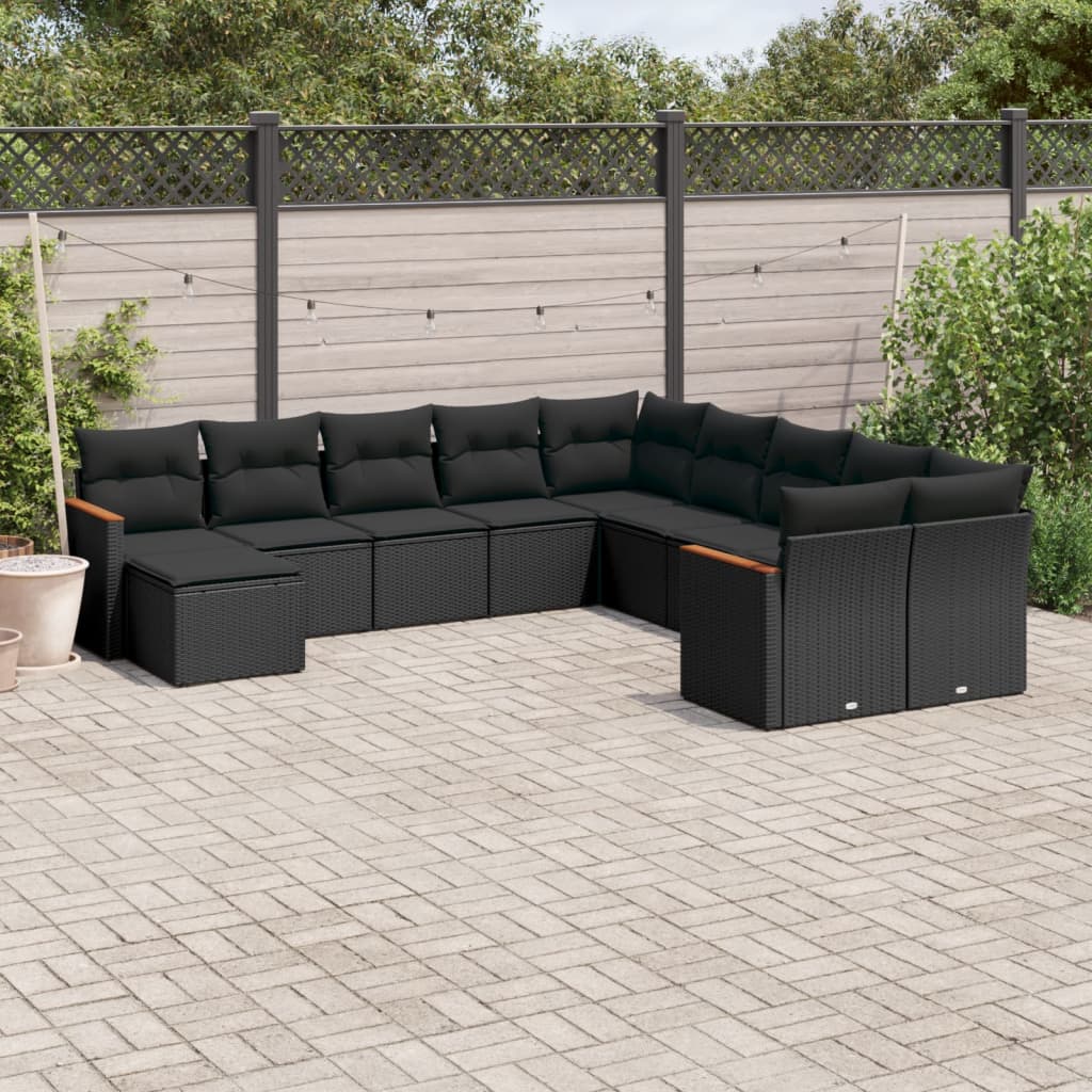 11 Piece Garden Sofa Set with Cushions Black Poly Rattan