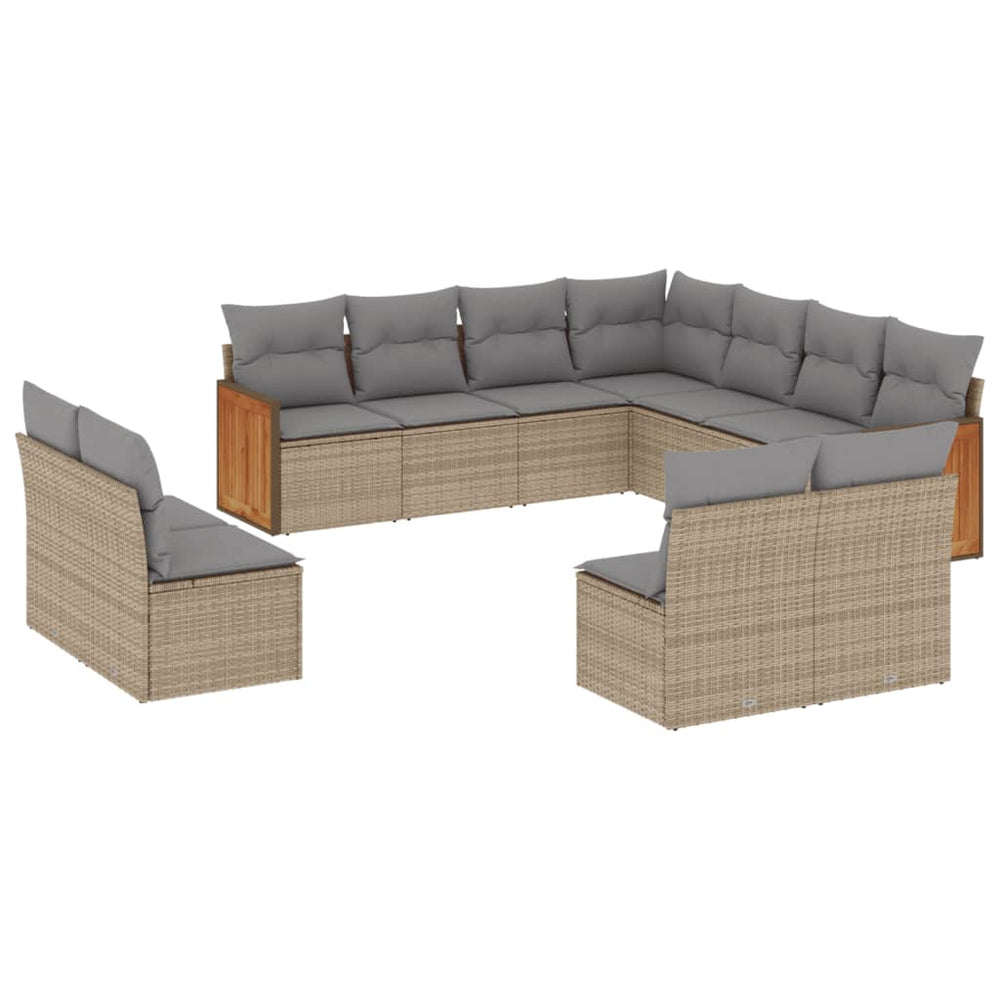 11-piece beige poly rattan garden sofa set with cushions, perfect for outdoor relaxation and chic decor. Affordable luxury for your patio.