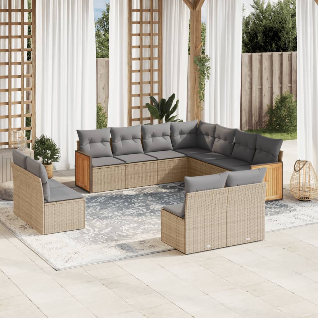 11 piece garden sofa set with beige poly rattan and gray cushions, perfect for outdoor relaxation and entertaining.