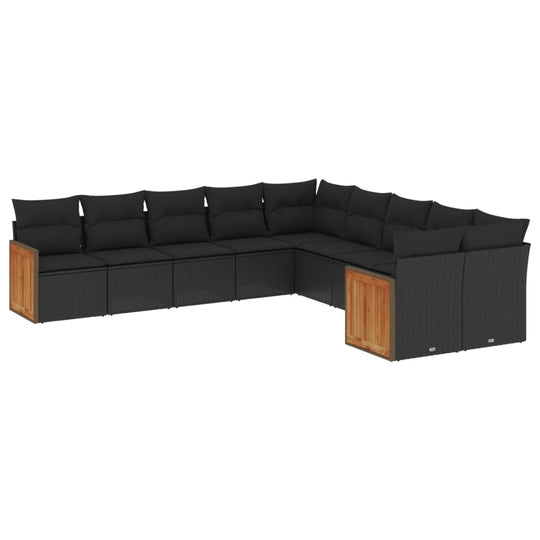 10 Piece Garden Sofa Set with Cushions Black Poly Rattan