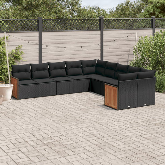 10 Piece Garden Sofa Set with Cushions Black Poly Rattan