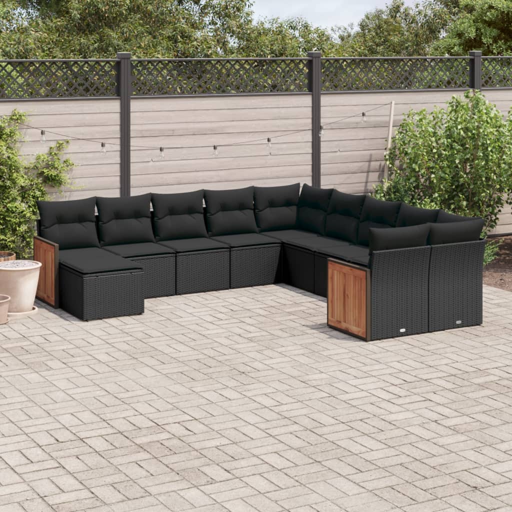 11 Piece Garden Sofa Set with Cushions Black Poly Rattan