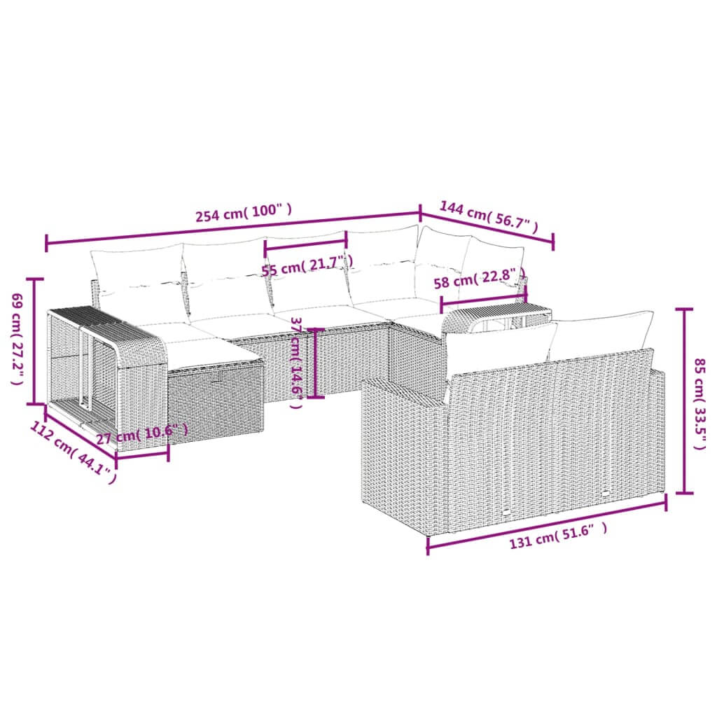 Diagram of a 10 piece black poly rattan garden sofa set with cushions, showing detailed measurements for DIY assembly.