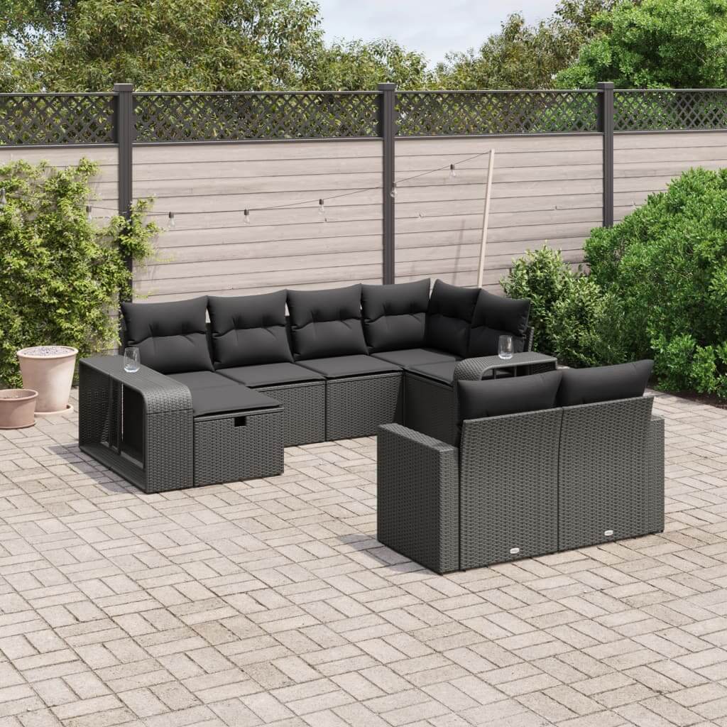 Black poly rattan garden sofa set with cushions on patio; affordable, quality, and luxe outdoor furniture for terraces and backyards.