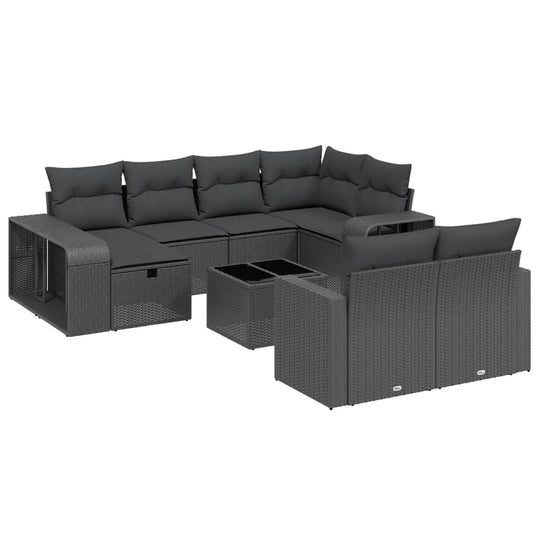 Black poly rattan 11-piece garden sofa set with cushions, offering an affordable and luxe outdoor seating solution for patios and terraces.