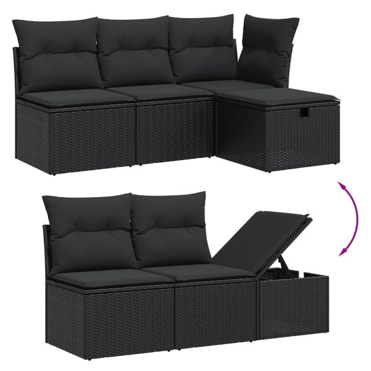 Black poly rattan 11-piece garden sofa set with cushions, showcasing versatile setup for affordable DIY luxe outdoor lounging.