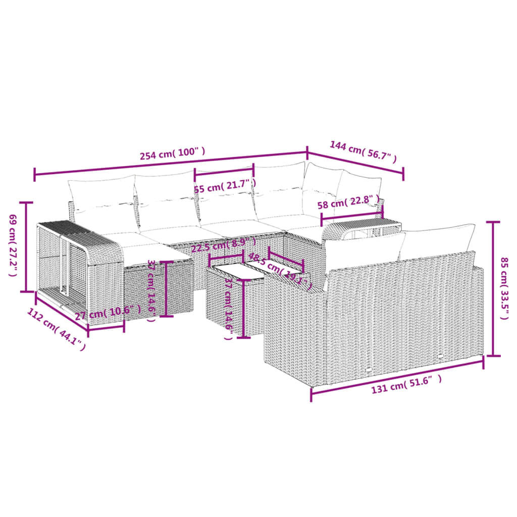 Dimensions diagram of an 11-piece black poly rattan garden sofa set, featuring detailed width and length measurements for DIY setup.