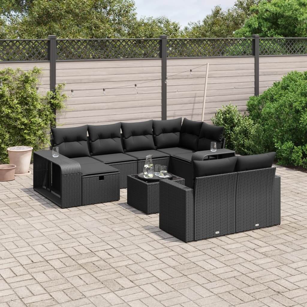 Black poly rattan garden sofa set with cushions, affordable luxe design for backyard, terrace, or patio comfort.