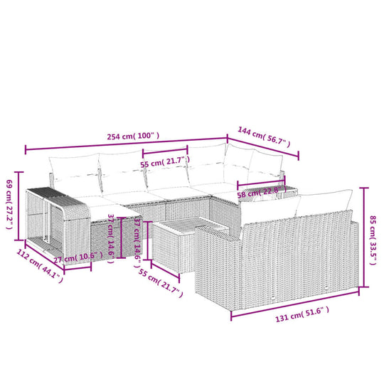 Detailed dimensions of 11 Piece Black Poly Rattan Garden Sofa Set with Cushions for patio or backyard use, showcasing DIY modular design.