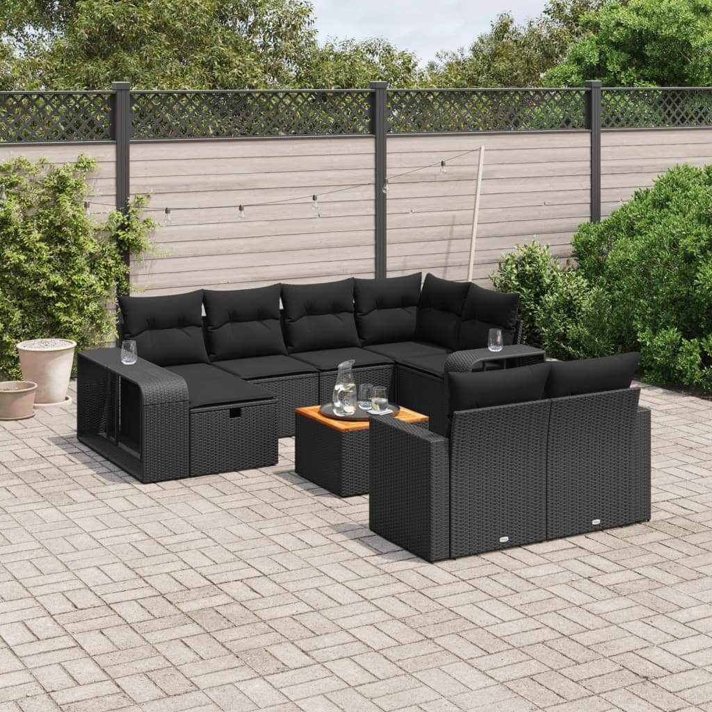 Affordable 11 piece black poly rattan garden sofa set with cushions on patio, offering quality and luxe outdoor comfort.