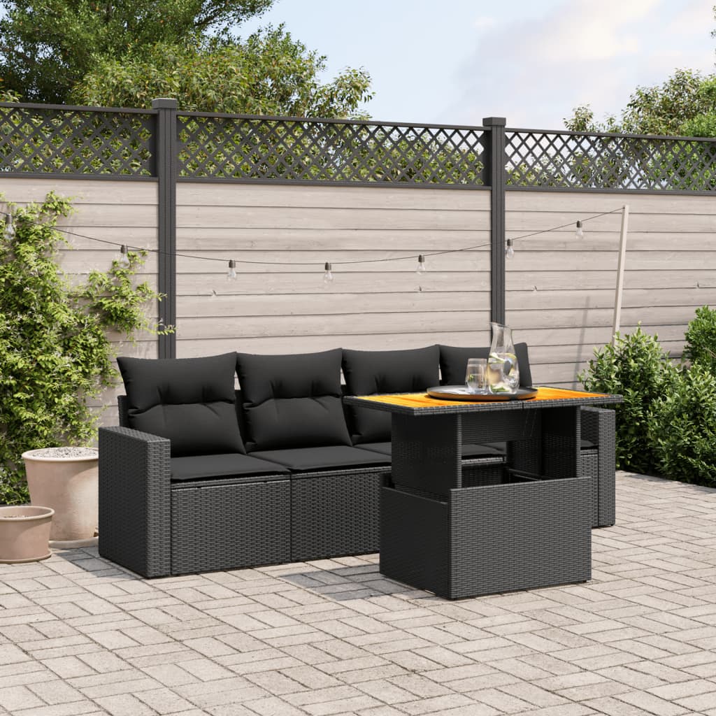 5 Piece Garden Sofa Set with Cushions Black Poly Rattan