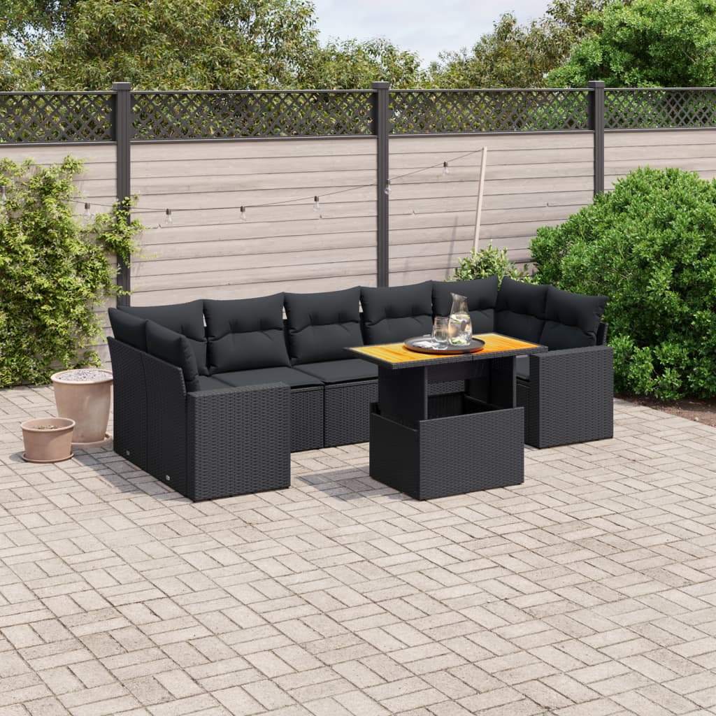 8 Piece Garden Sofa Set with Cushions Black Poly Rattan