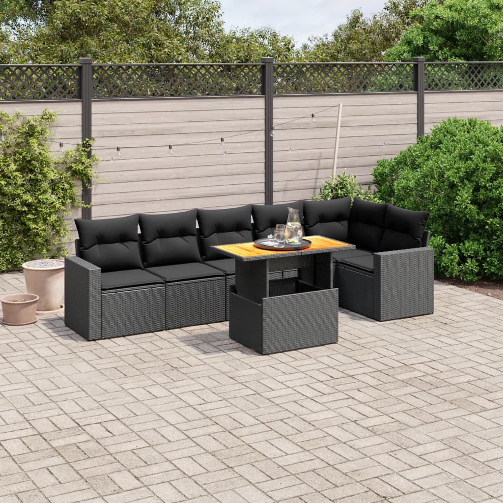 7 Piece Garden Sofa Set with Cushions Black Poly Rattan