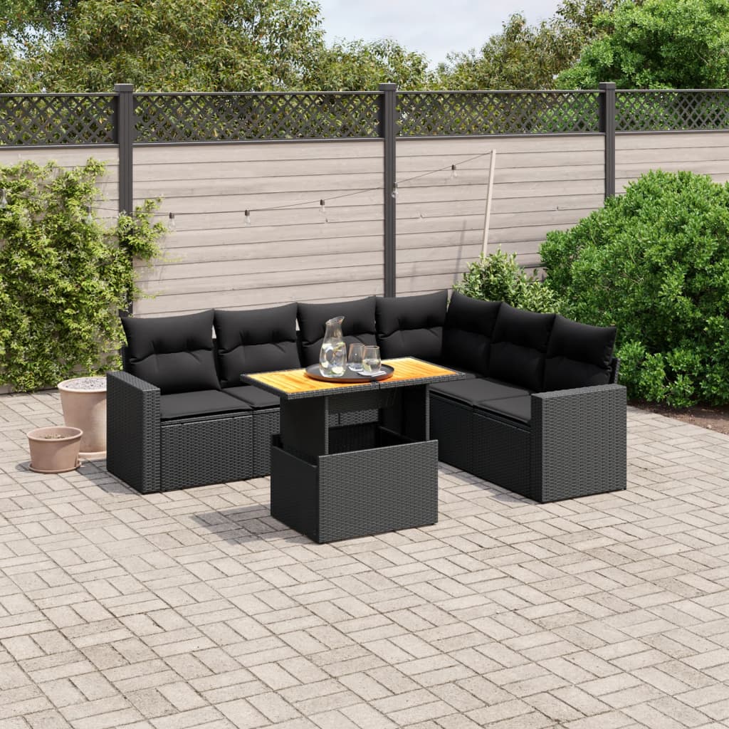 7 Piece Garden Sofa Set with Cushions Black Poly Rattan