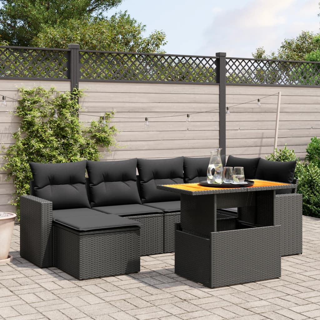 7 Piece Garden Sofa Set with Cushions Black Poly Rattan