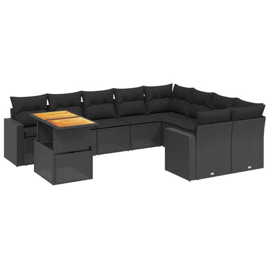 10 Piece Garden Sofa Set with Cushions Black Poly Rattan