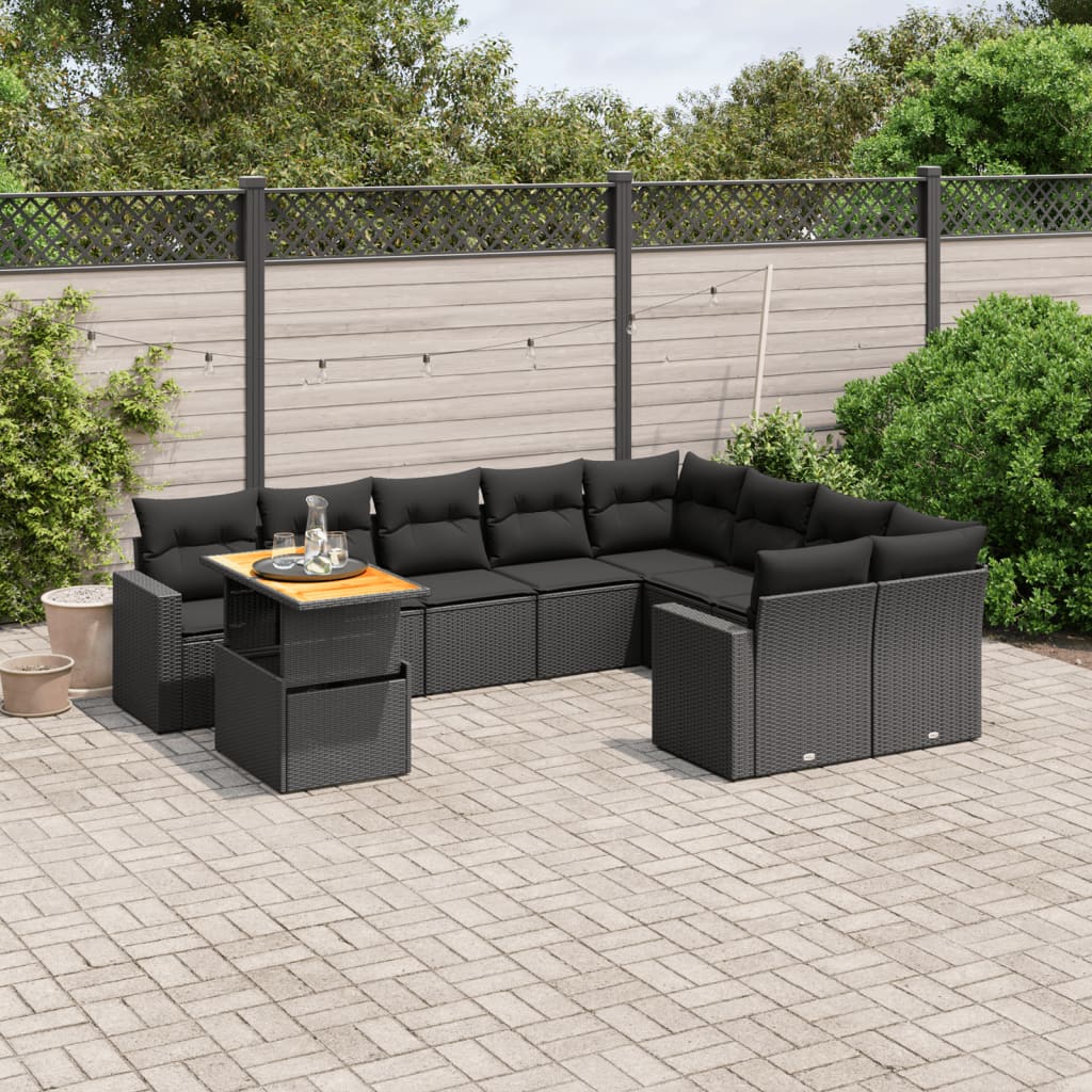 10 Piece Garden Sofa Set with Cushions Black Poly Rattan