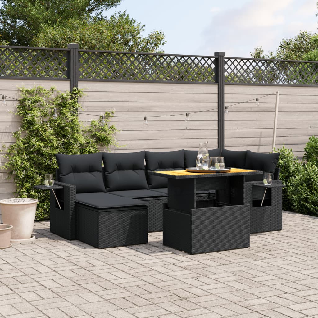 7 Piece Garden Sofa Set with Cushions Black Poly Rattan