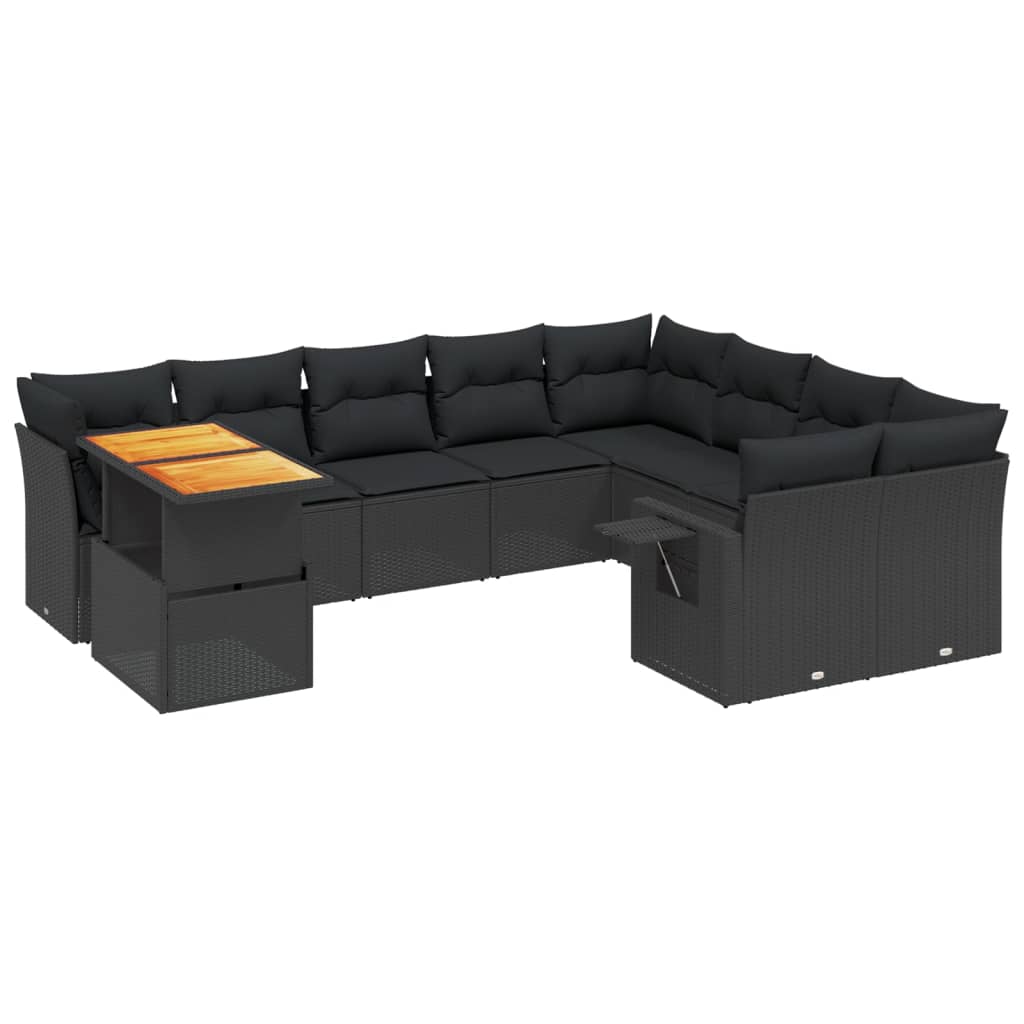 10 Piece Garden Sofa Set with Cushions Black Poly Rattan