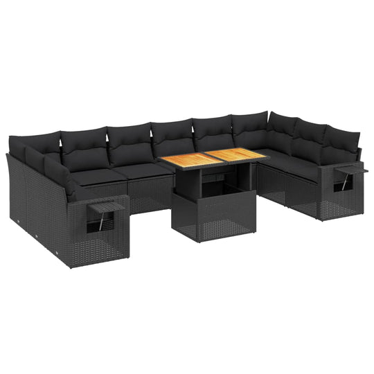 11 Piece Garden Sofa Set with Cushions Black Poly Rattan