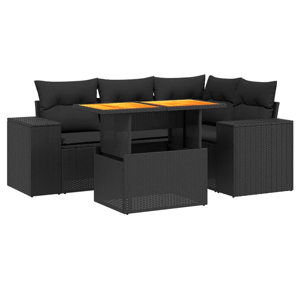 5 Piece Garden Sofa Set with Cushions Black Poly Rattan